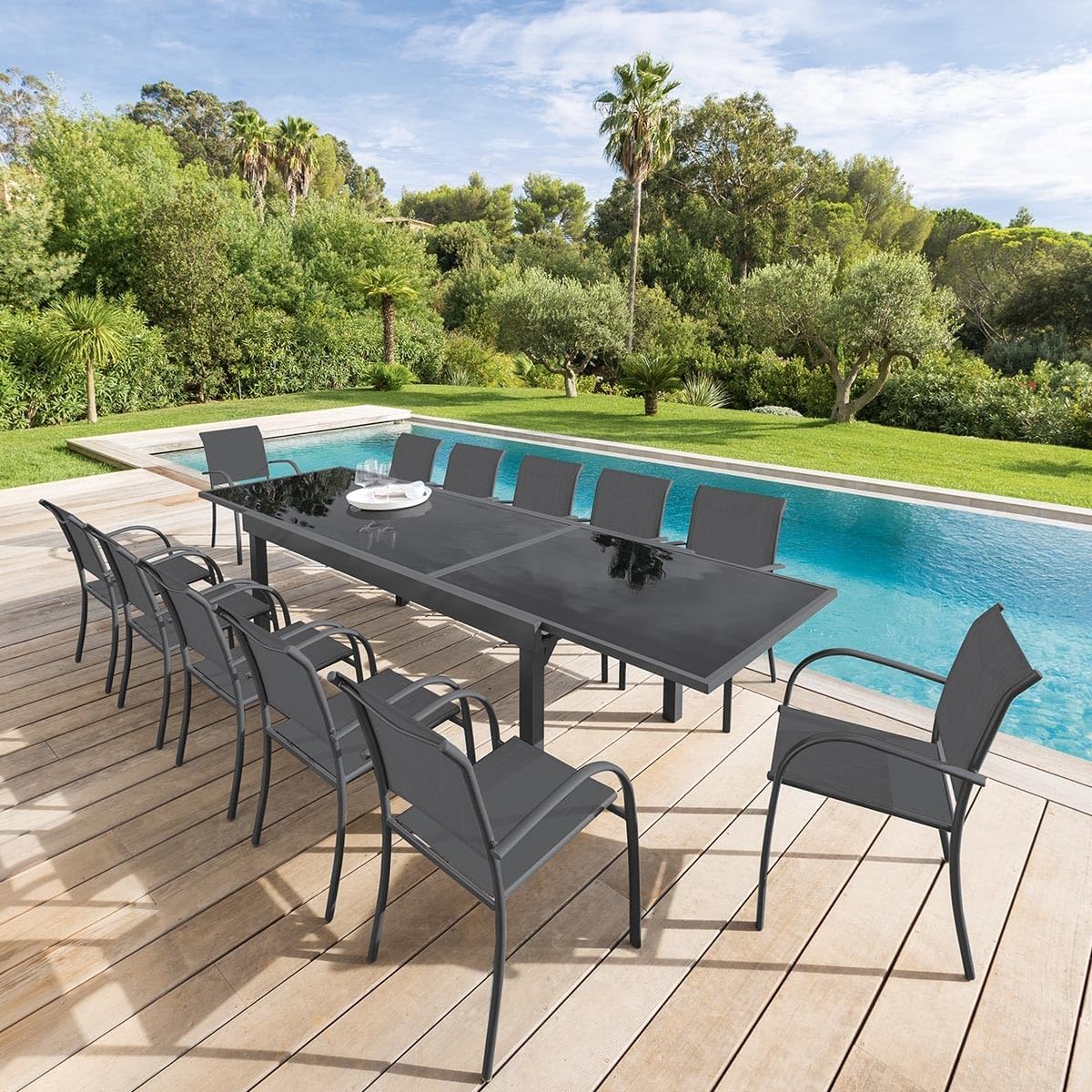 jardinite - Piazza extensible - 185/245x100 cm - aluminium verre trempé 10 places