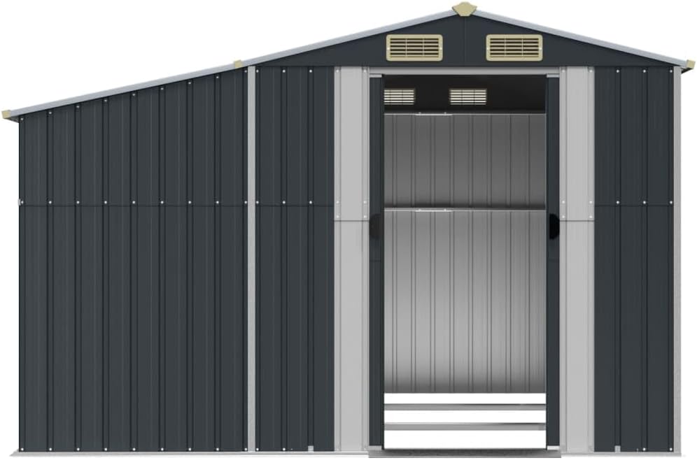 Abri de jardin en acier galvanisé avec toit incliné et trémie à charbon, finition anthracite durable, 277 x 279 x 179 cm