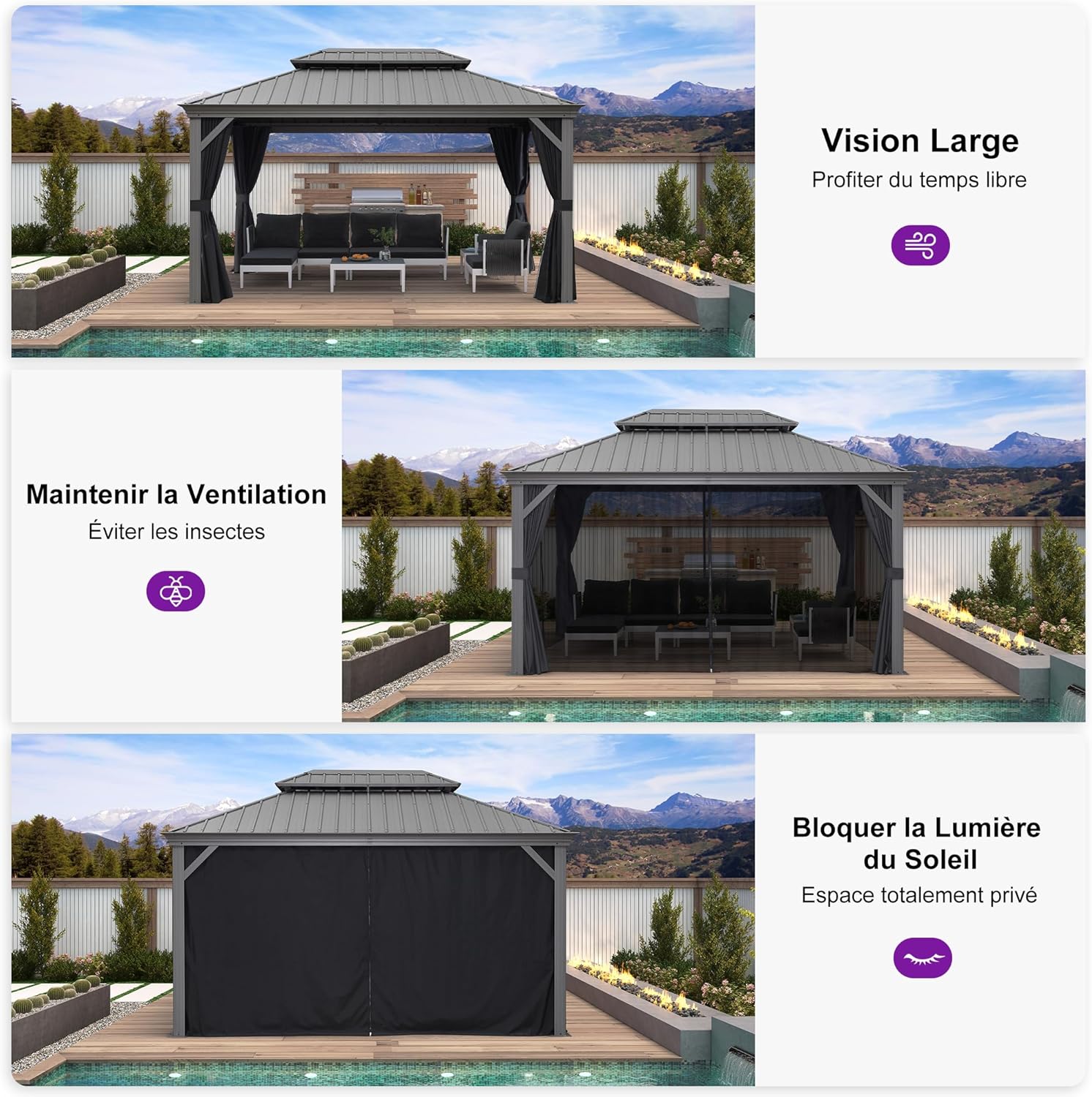 jardinite - tonnelle extérieur - 3 x 4,25 m - alu double toit, rideaux, LED