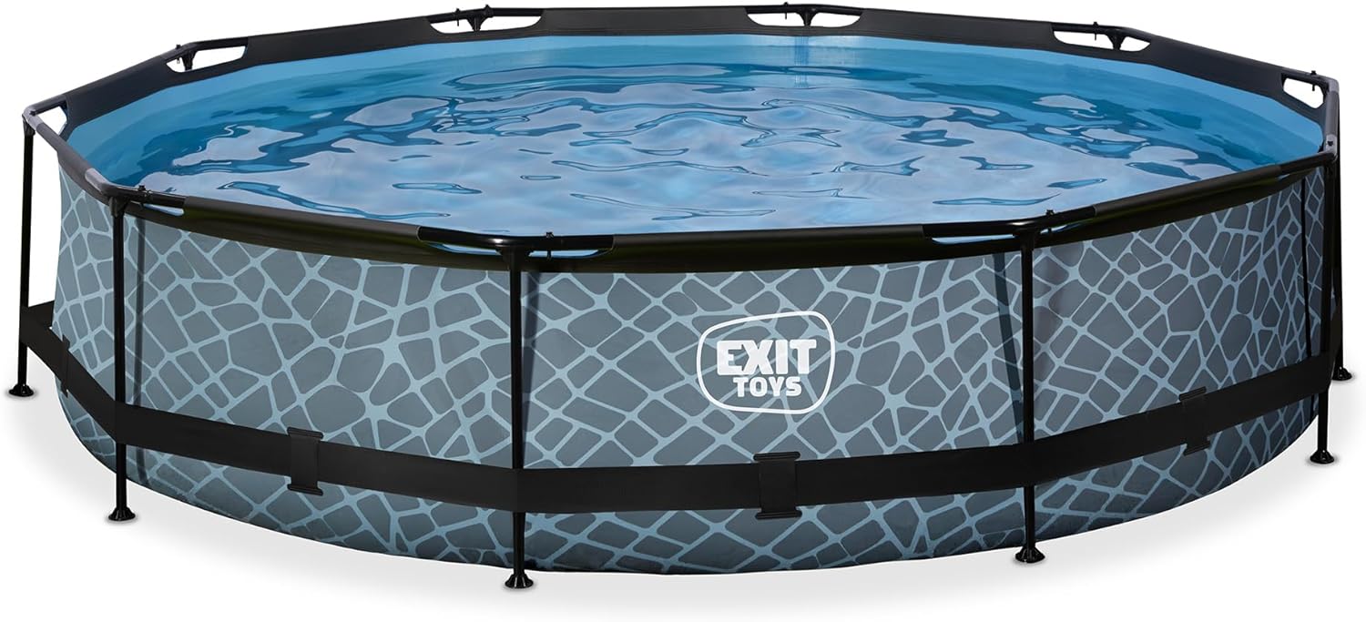jardinite Piscine Tubulaire Stone - ø360x76cm - Piscine Hors Sol Ronde Grande avec Pompe Filtrante à Cartouche - Entrée Basse - Idéal pour Les Jeunes Enfants - Cadre Stable - Design Unique - Gris