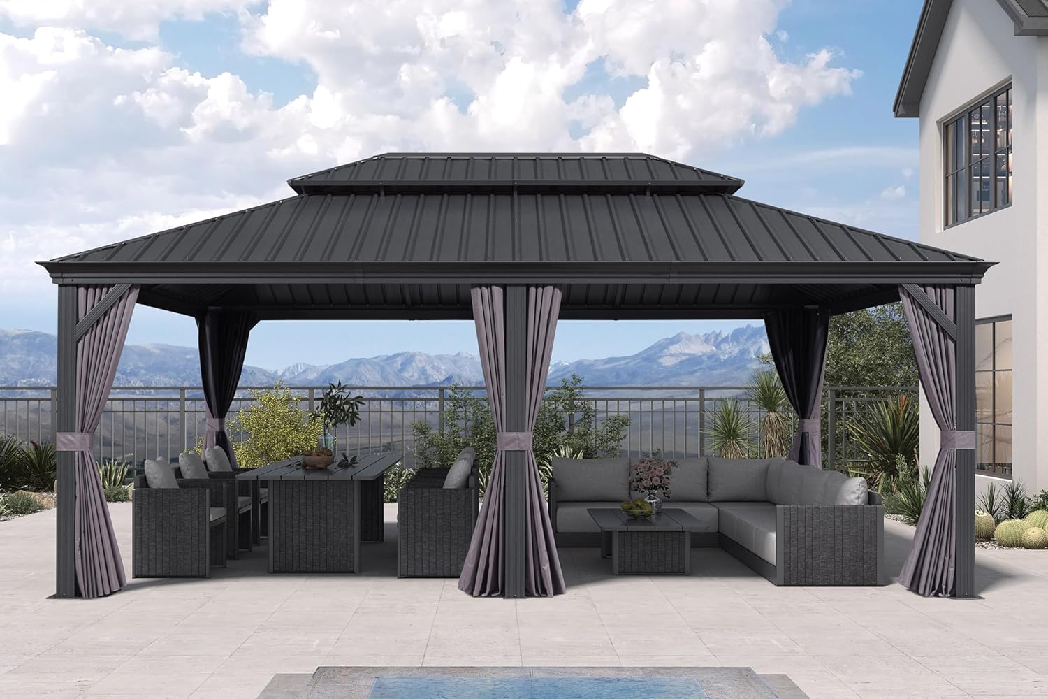 jardinite - Pergola Série Extérieur - 6x4m - Toit acier, moustiquaire, rideaux, gouttière