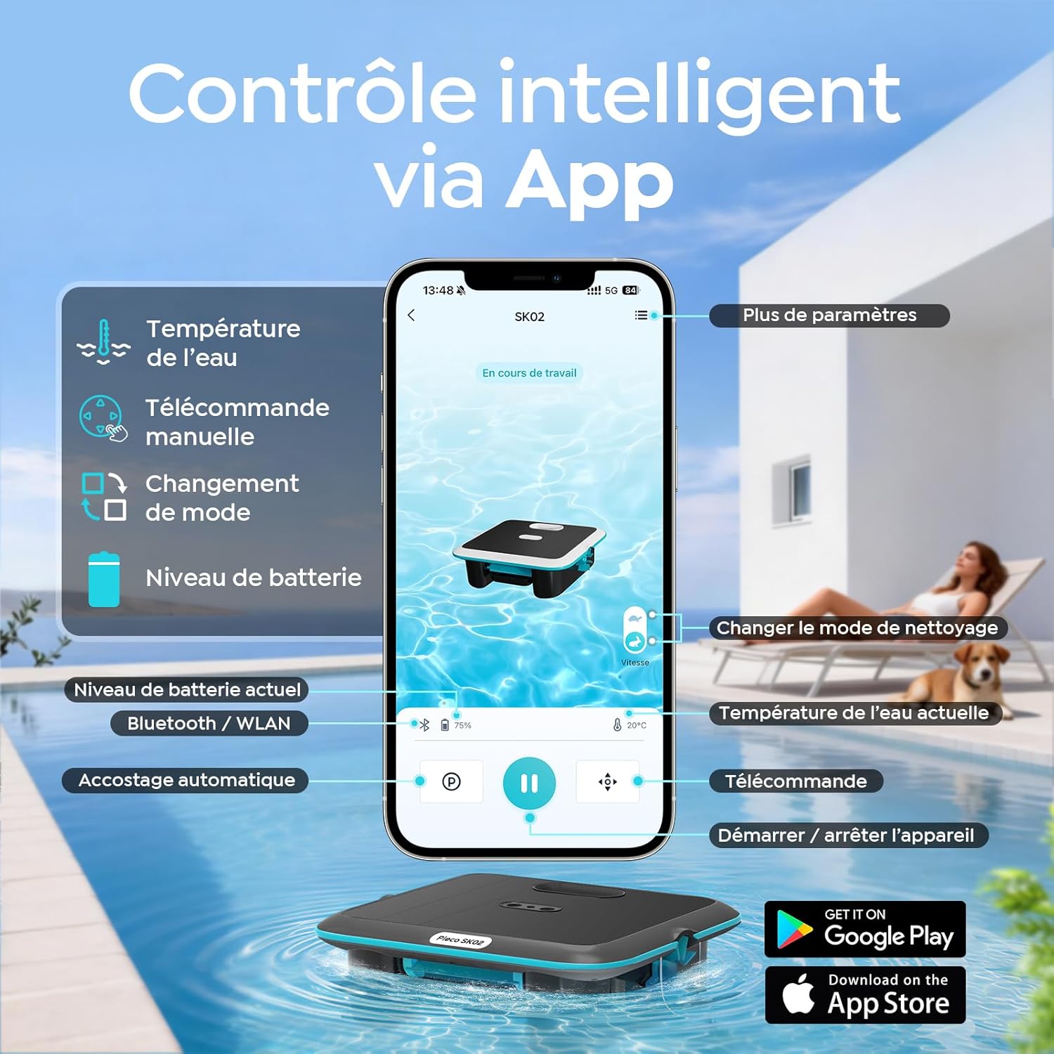 Robot skimmer piscine solaire sans fil, contrôle app, double recharge, SK02
