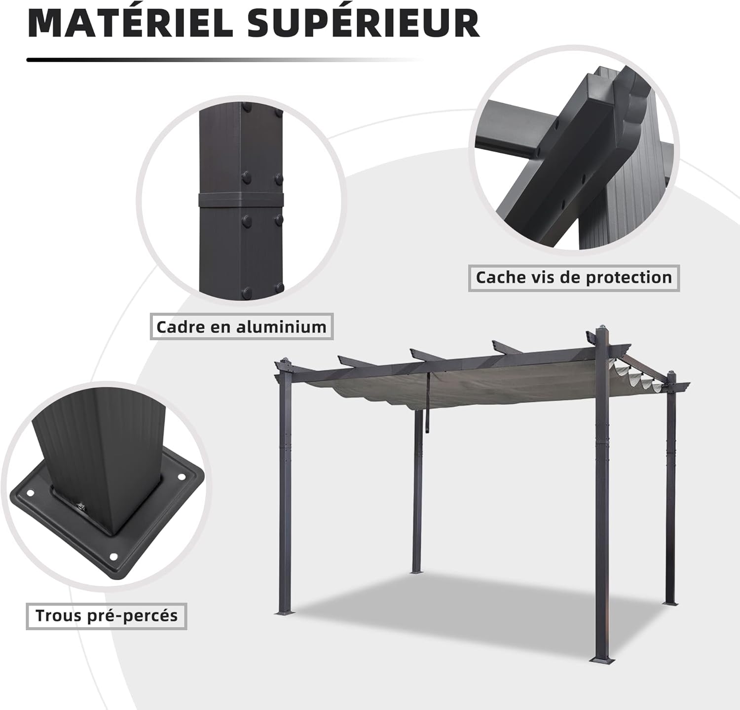 jardinite - pergola aluminium - 3,65x3m - toit rétractable LED, tissu gris