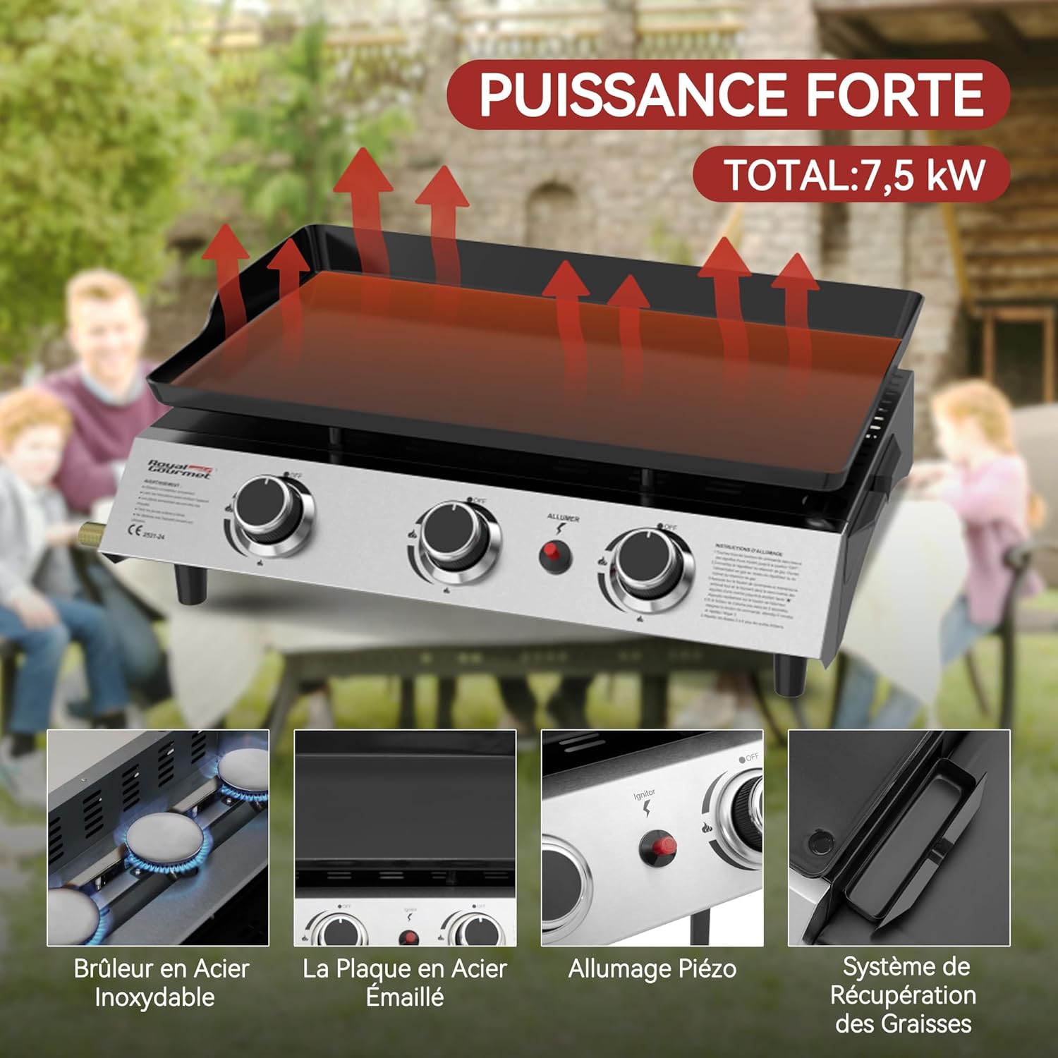 jardinite - Plancha sur chariot 62x35,5cm - 3 brûleurs puissants 7,5kW