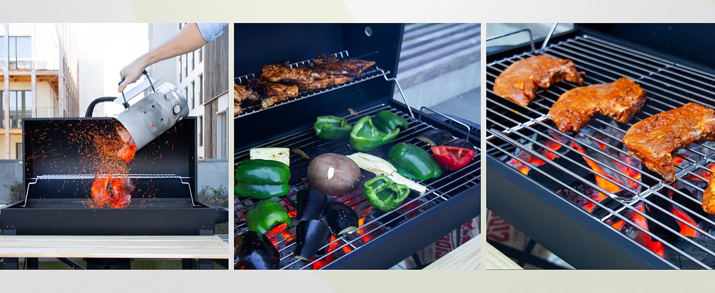 Image en trois panneaux d'un grill extérieur : des charbons ardents versés, des légumes et de la viande sur des grilles, et un gros plan de morceaux de poulet en train de cuire