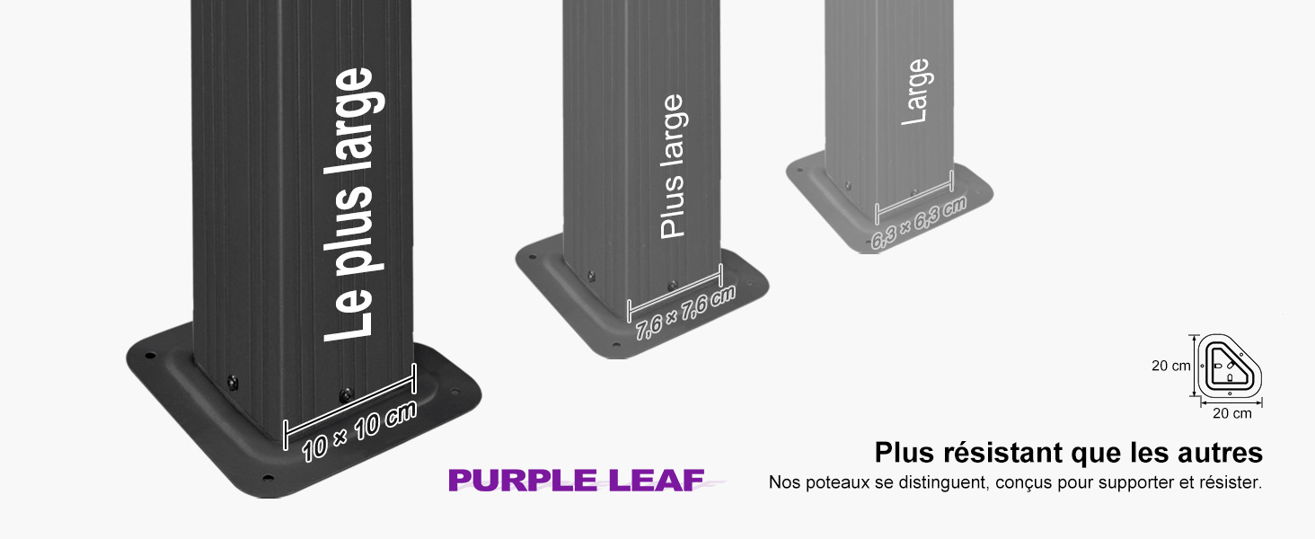Trois supports verticaux avec le texte « Le plus large » sur les côtés. Sur la base, on peut lire « jardinite ». Le texte français indique que le produit est plus résistant que les autres. Image monochrome.