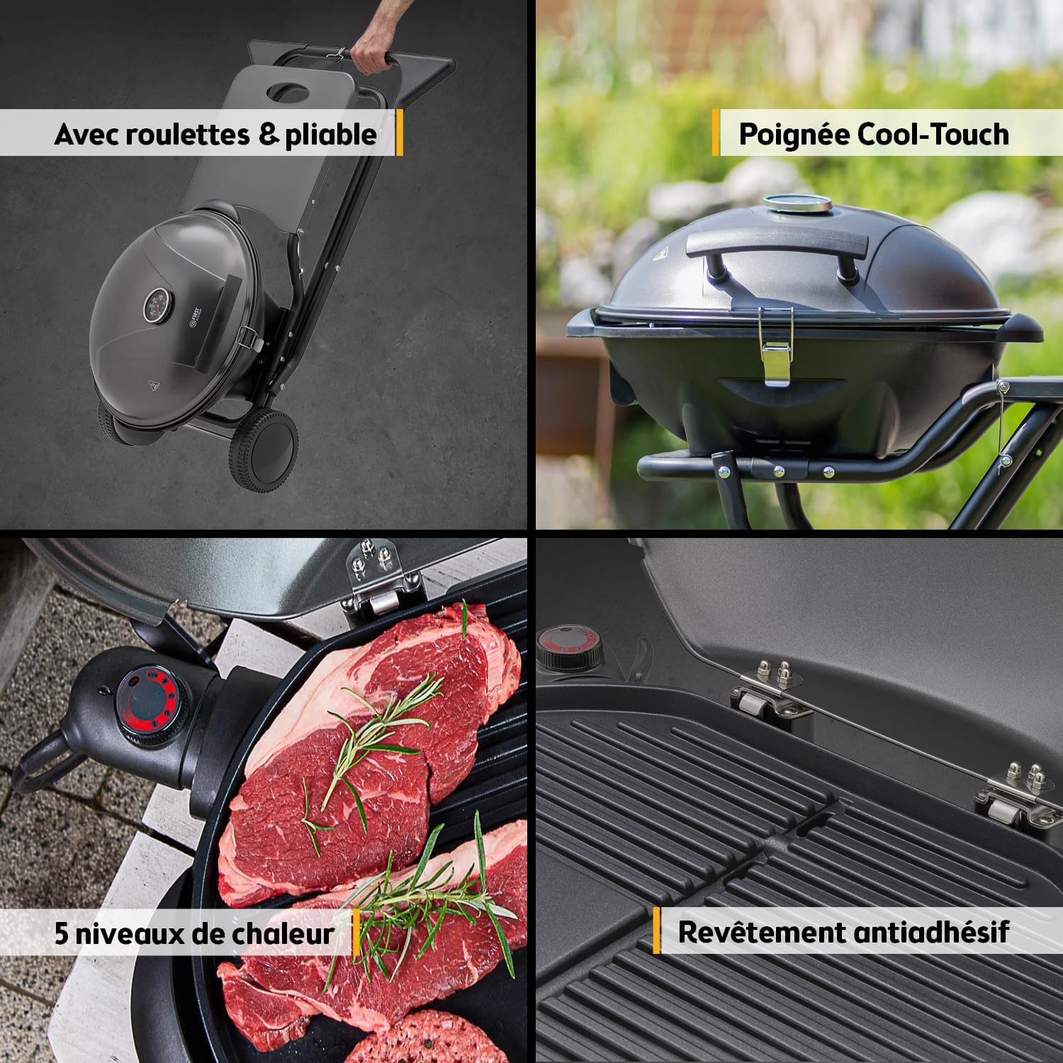 jardinite - Barbecue 2-en-1 pliable 2400W, couvercle, chariot, thermomètre - TZSFA5350-6
