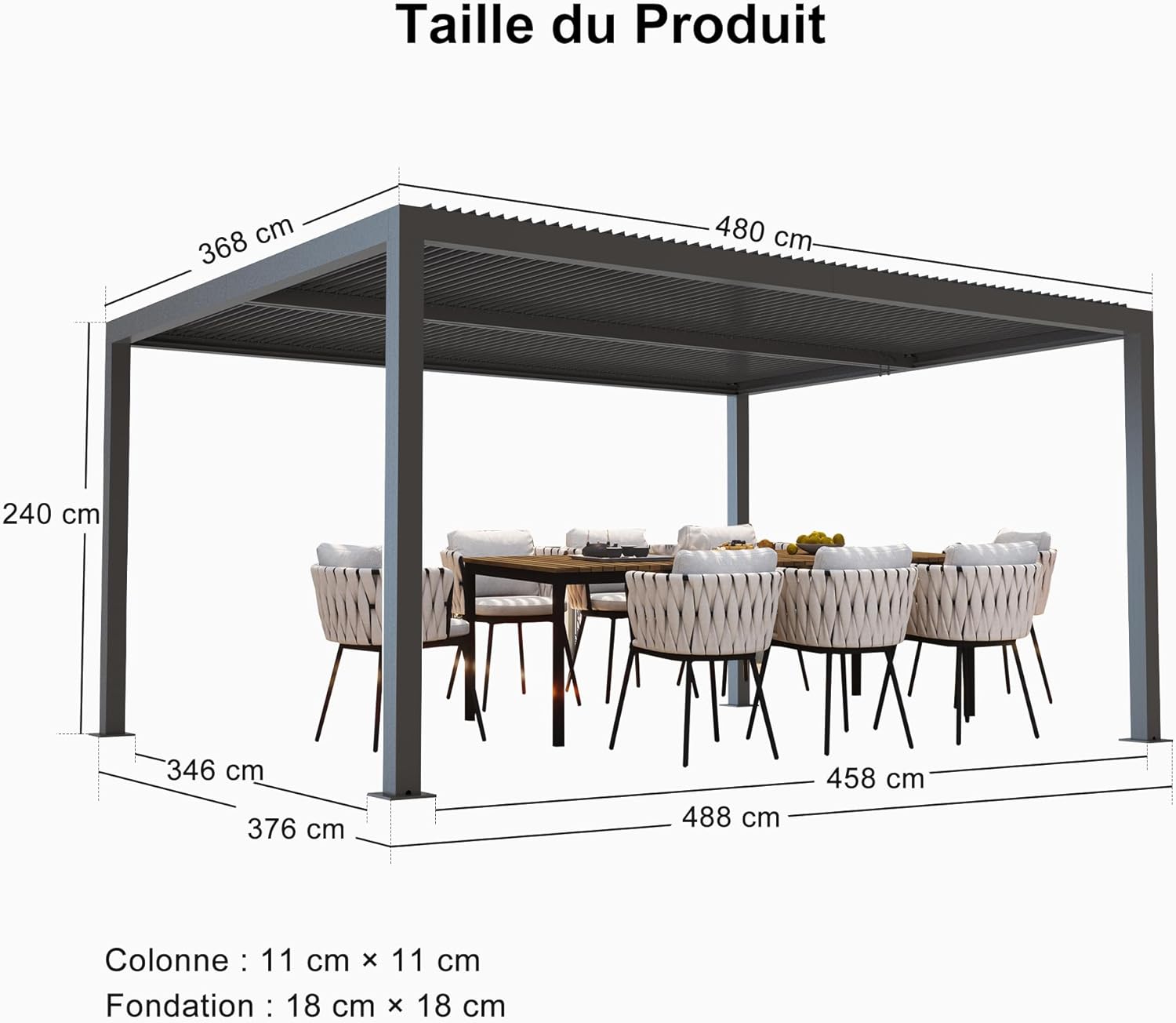jardinite - Pergola bioclimatique série aluminium - 4,8x3,68m - lames orientables, surface 17,66m²