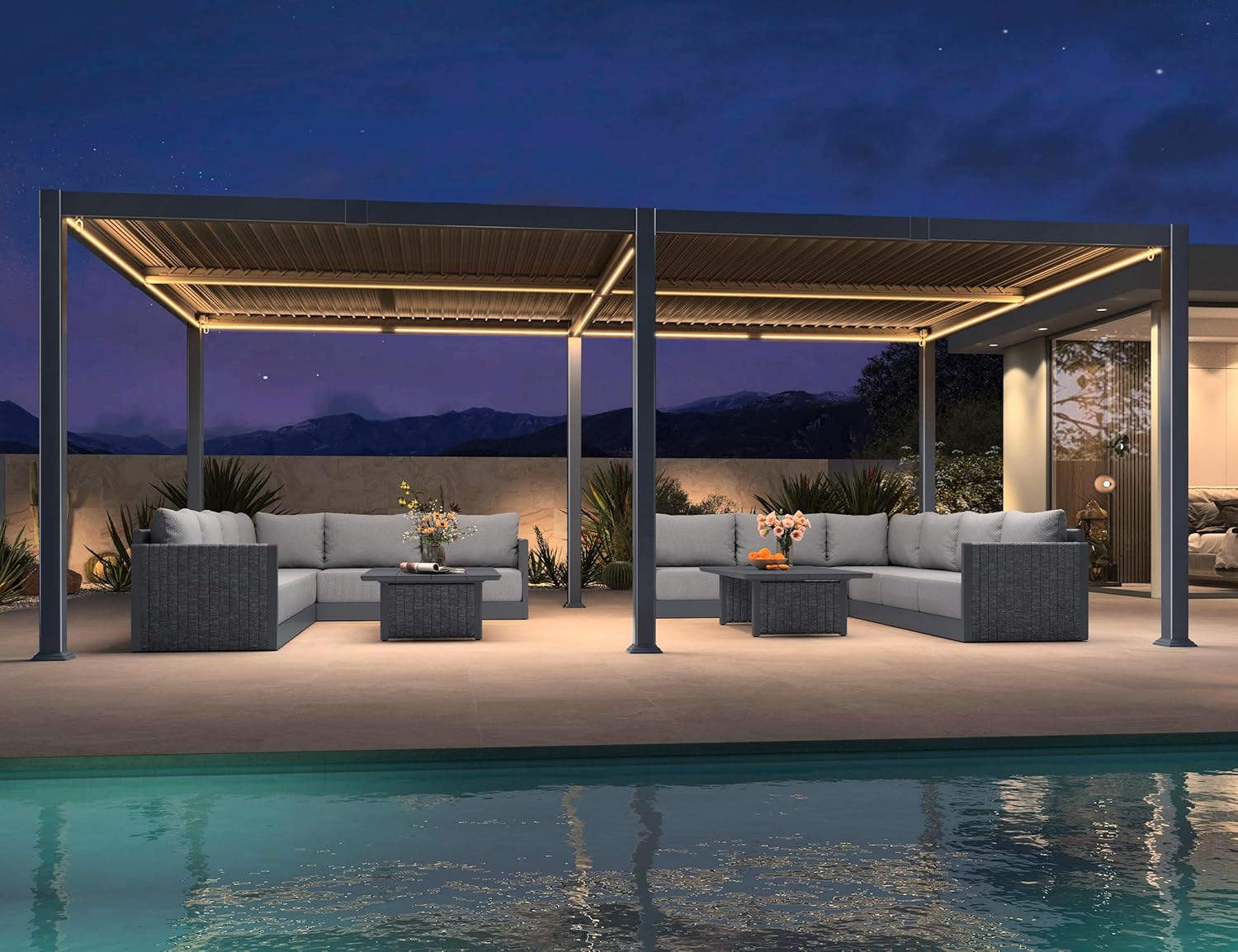 jardinite - Pergola bioclimatique - 4x6m - alu lames LED gris