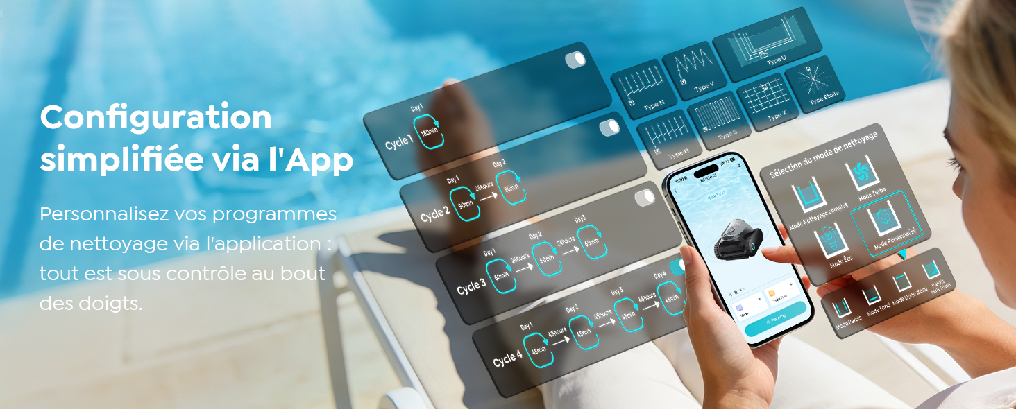 Le texte se lit comme suit : « Configuration simplifiée via l'application ». Montre un smartphone tenant la main avec une interface d'application et des éléments d'interface utilisateur flottants représentant une configuration simplifiée.