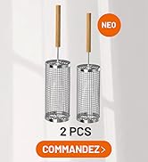 Le texte indique « NEO », « 2 PCS », « COMMANDER ». Deux passoires cylindriques à mailles avec poignées en bois disposées côte à côte sur un fond neutre.