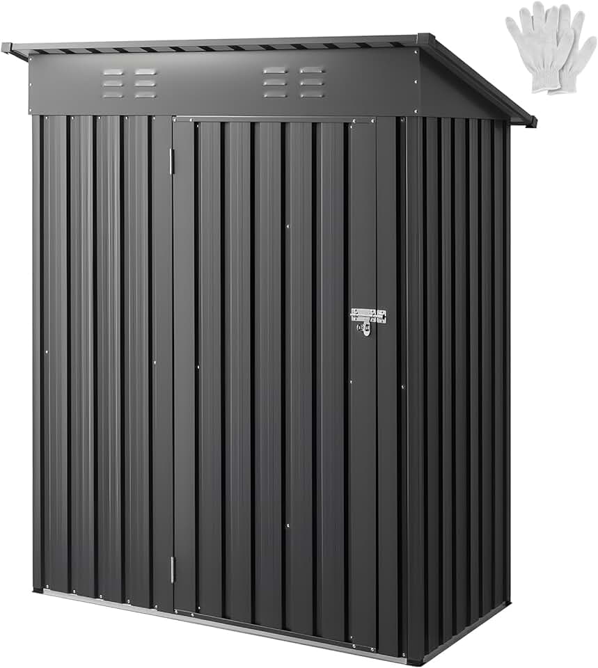 jardinite Abri de Jardin en Métal, 153,3 x 87,6 cm, Abri de Rangement d'Extérieur, avec Porte Verrouillable, Toit en Pente, Cabine de Jardin, pour Stockage d'Outils, de Vélos, Étagères, Poubelles, Gris