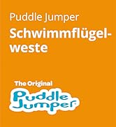 Le texte se lit comme suit : « Puddle Jumper », « Schwimmflügel- », « weste ». Les éléments de marque du produit sont affichés sur fond orange.
