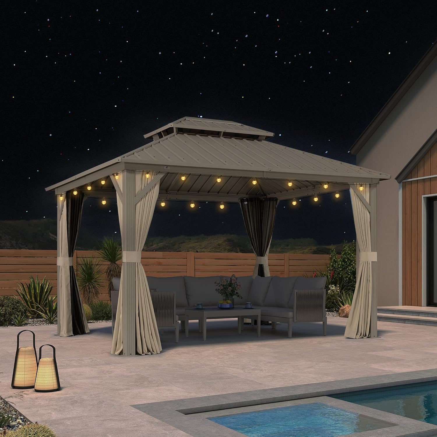 jardinite Tonnelle de Jardin Extérieur 3,65 x 3 m avec Éclairage Extérieur, Pergola Aluminium à Toit Rigide en Acier Galvanisé, Pavillon Imperméable pour Camping, Fête, Barbecue, Champagne