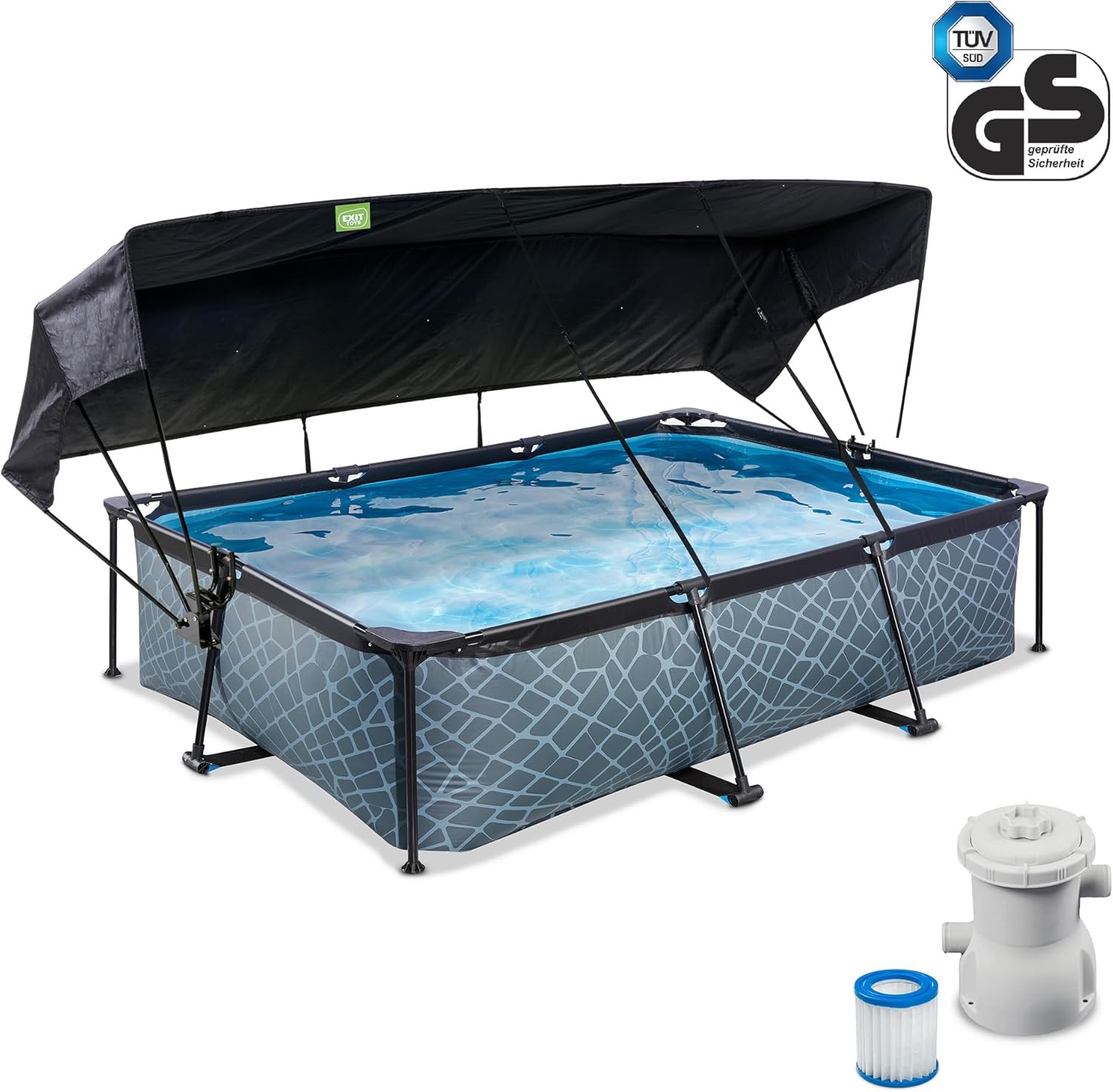 jardinite Piscine Stone avec Voile d'Ombrage - 300x200x65cm - Piscine Hors Sol Rectangulaire avec Pompe Filtrante à Cartouche - Protection Optimale Contre Les Rayons UV - Entrée Basse - Gris