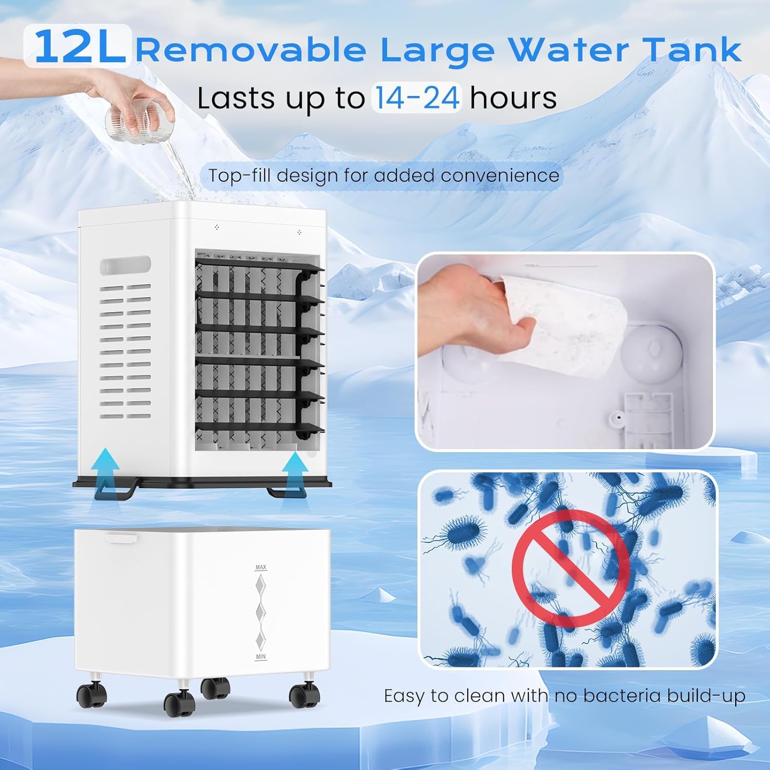 Climatiseur mobile 12L, 45W, 3 modes, minuterie, 6 vitesses, 60°/120°, 4 blocs glace