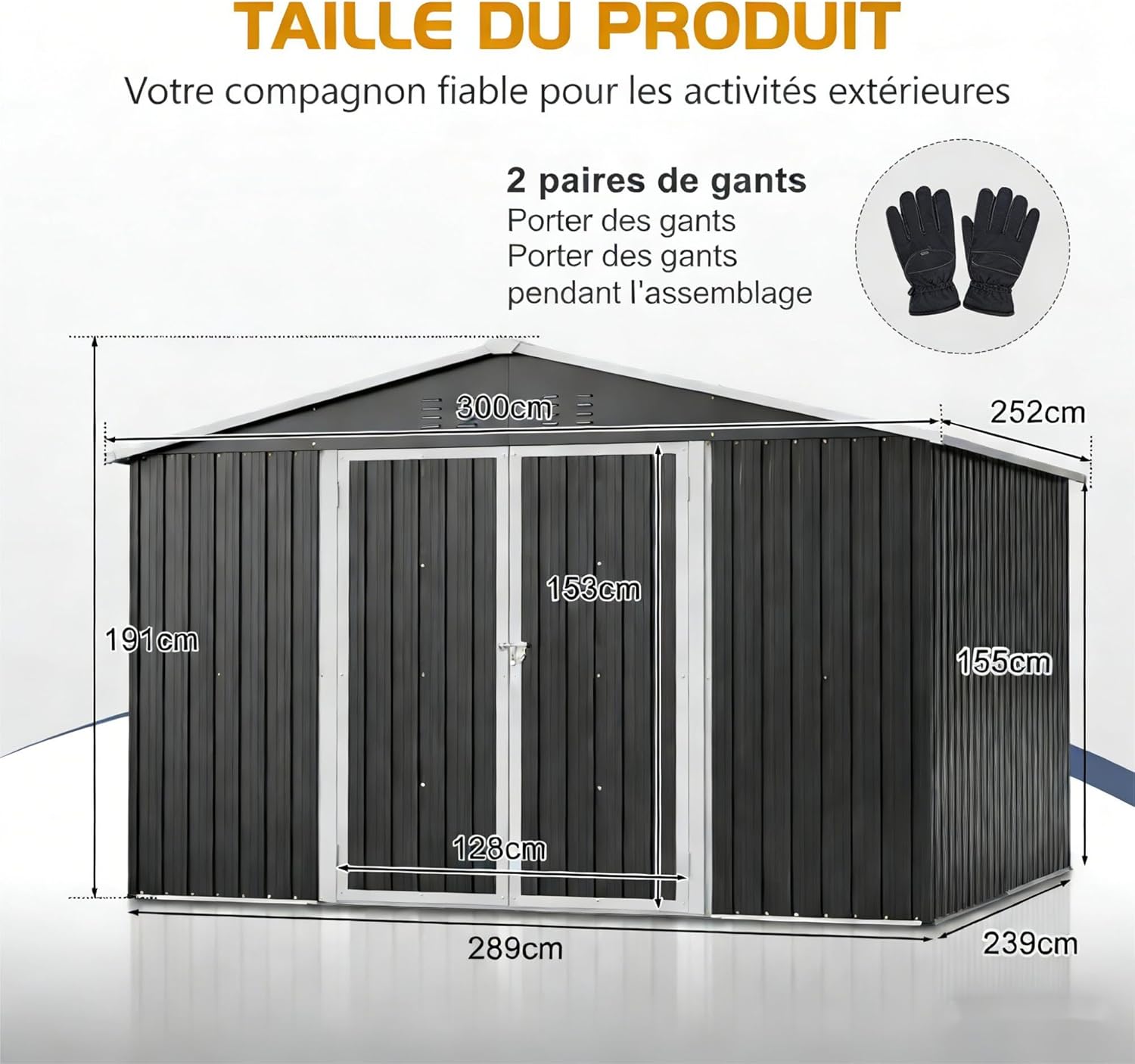 Abri de jardin - métal noir à pignon 300x252x191 cm, 2 portes coulissantes, usage vélos/motos, XXXL