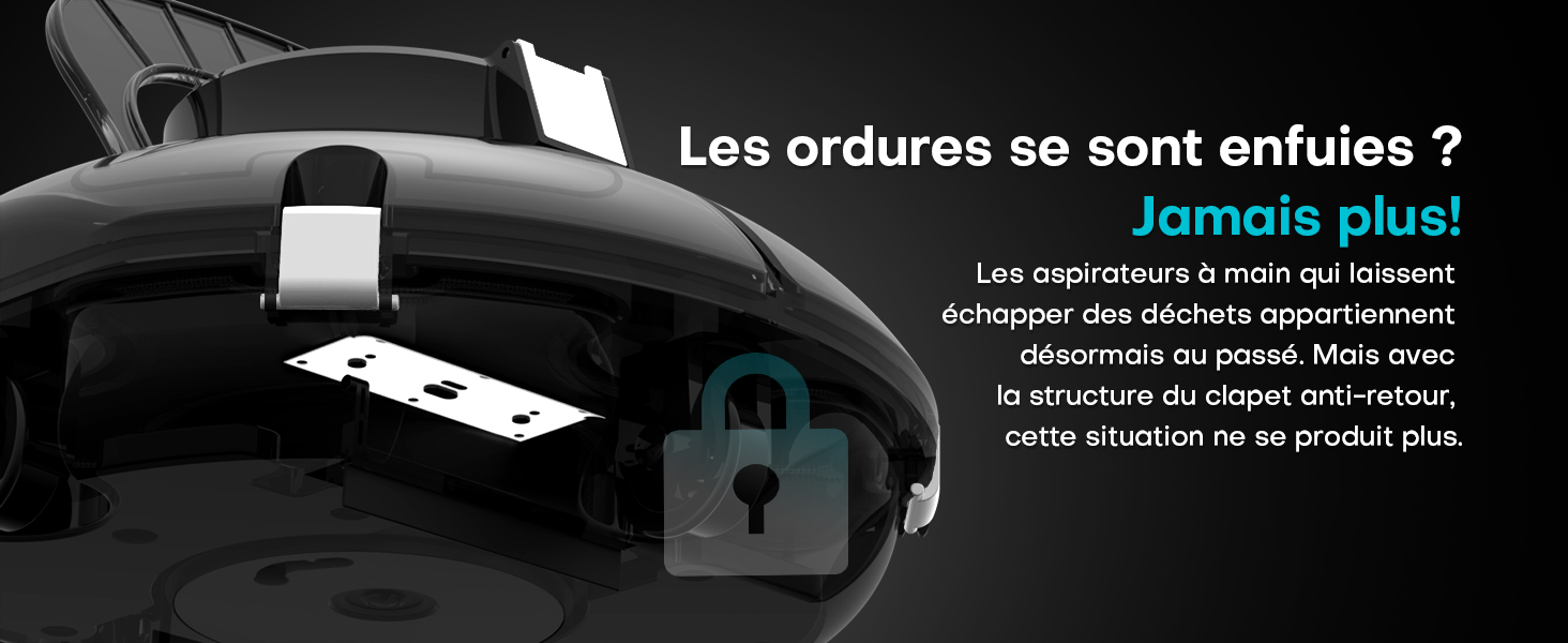 Gros plan d'un couvercle de poubelle noir doté d'un mécanisme de verrouillage. Le texte français superpose l'image et évoque une solution pour empêcher les déchets de s'échapper