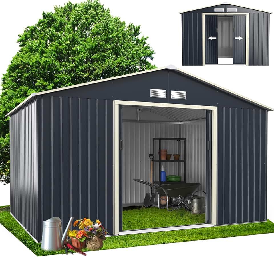 jardinite - Abri de jardin métal - 340x255x210cm - porte coulissante, toit pente, extérieur, résistant - KX7177KV+FR
