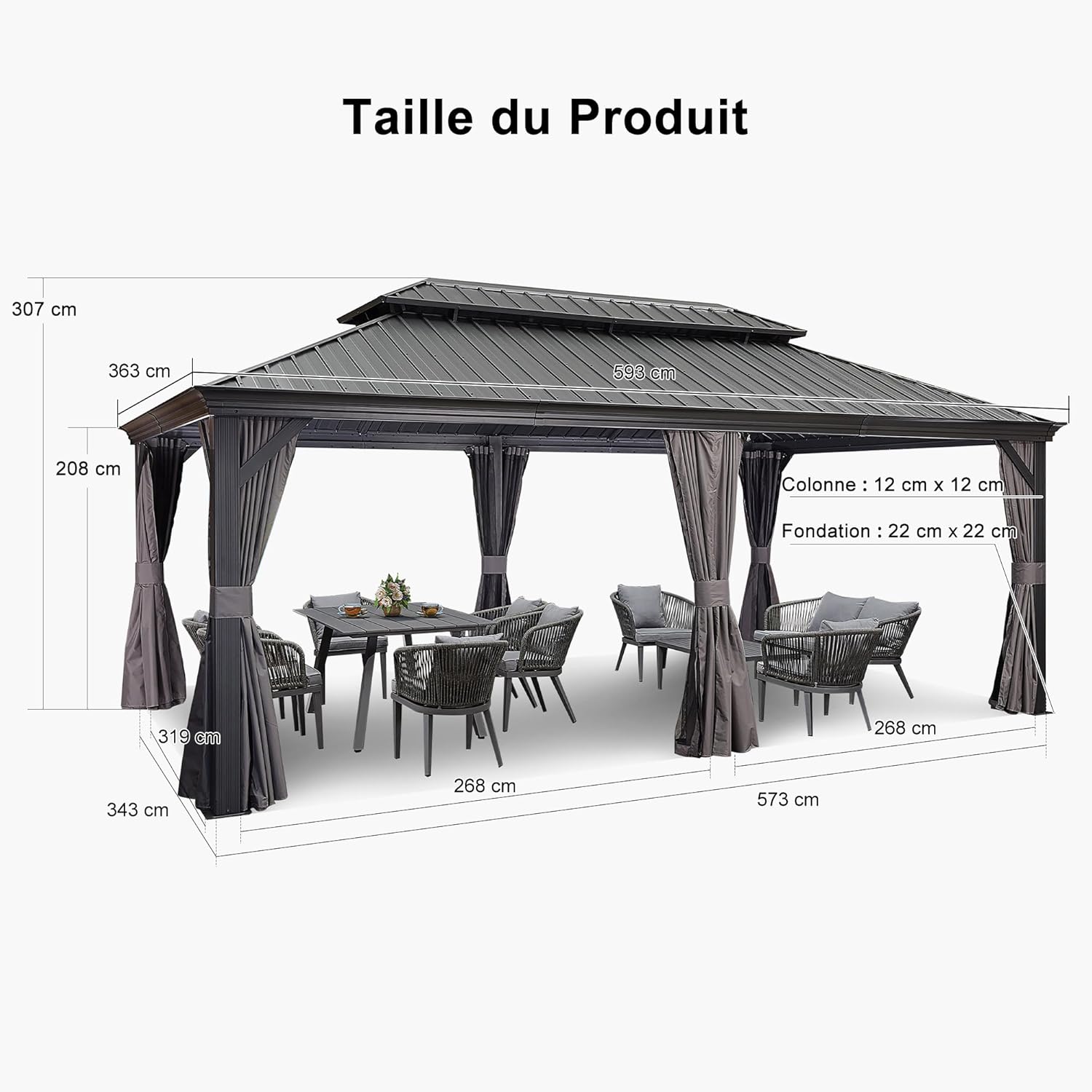 jardinite - Pergola double toit acier - 6x3,65m - moustiquaire, rideaux, gouttière, poteaux renforcés