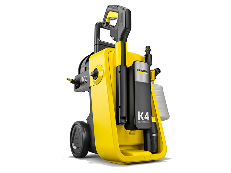 Plusieurs vues d'une machine de nettoyage industrielle ou d'une autolaveuse de sol jaune compacte sous différents angles montrant son design et ses caractéristiques.