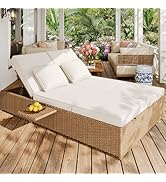 Salon de Jardin Extérieur Lit de Jardin Double en Résine Tressée 199x120x37 cm avec Coussins Amov...