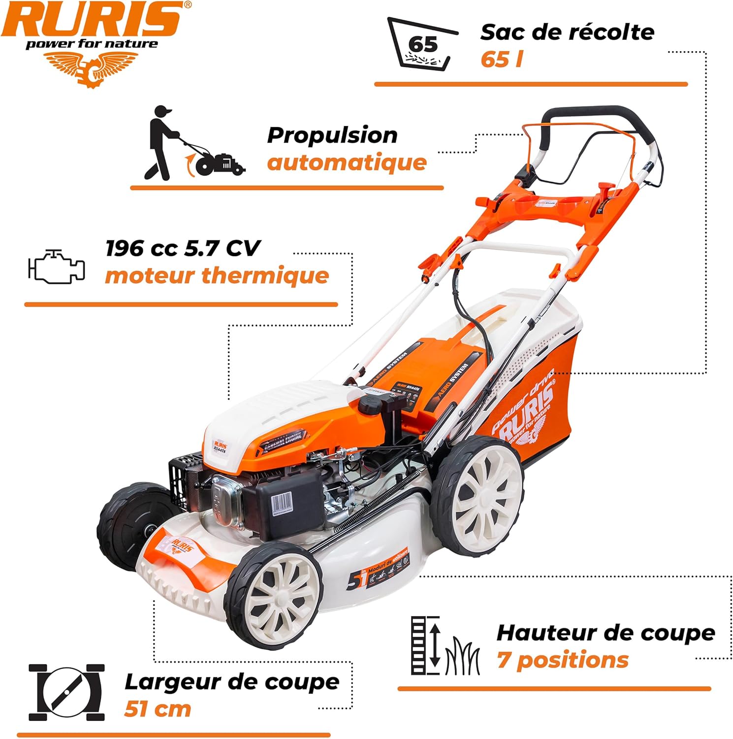 RURIS Tondeuse à Gazon Thermique RX441S 5,7 CV – Largeur 51 cm, Démarrage Électrique, Autopropulsée à Vitesse Variable, 5 Fonctions, 2000 m², Bac 65L, Orange