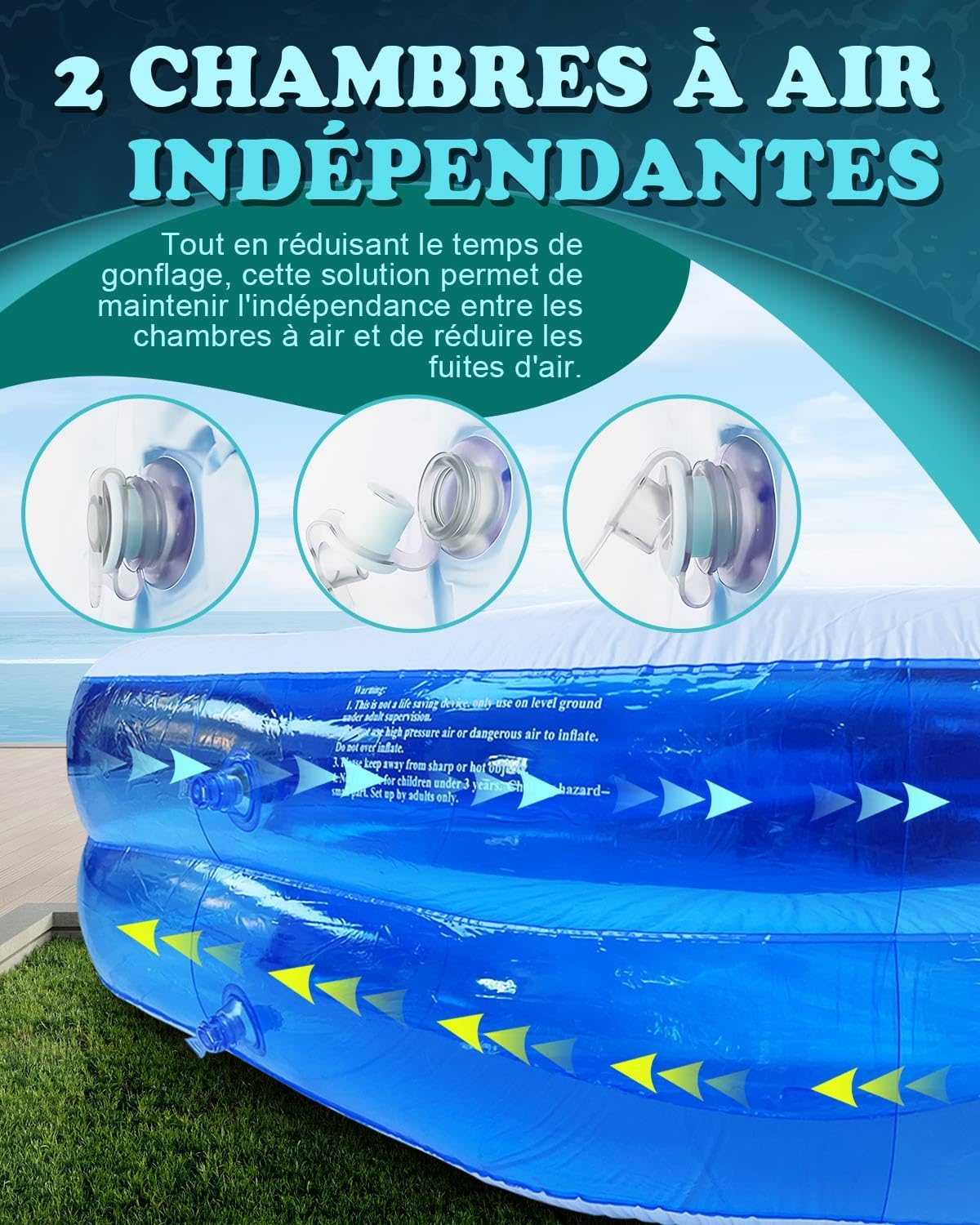 Piscine gonflable rectangulaire - 200x150x50cm - PVC épais double couche, usage enfant/adulte