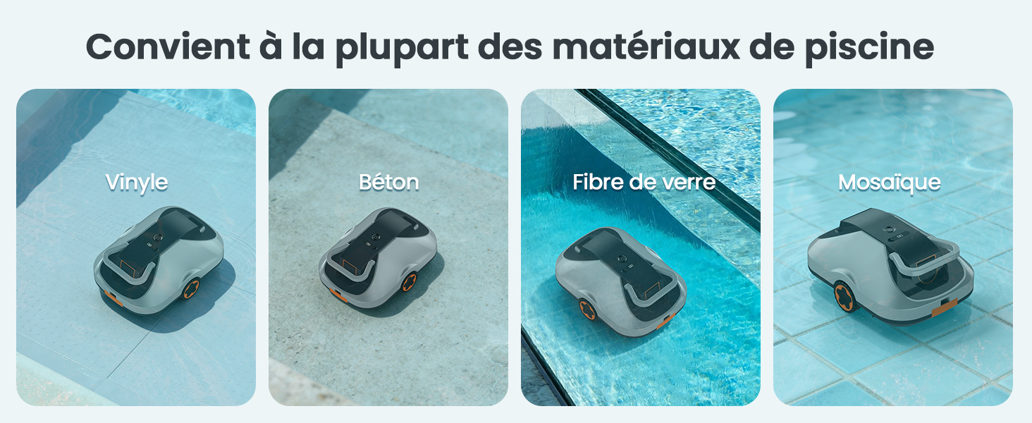 Le texte se lit comme suit : « Convient à la plupart des matériaux de piscine ». Série d'illustrations techniques teintées en bleu illustrant les étapes d'application du produit.