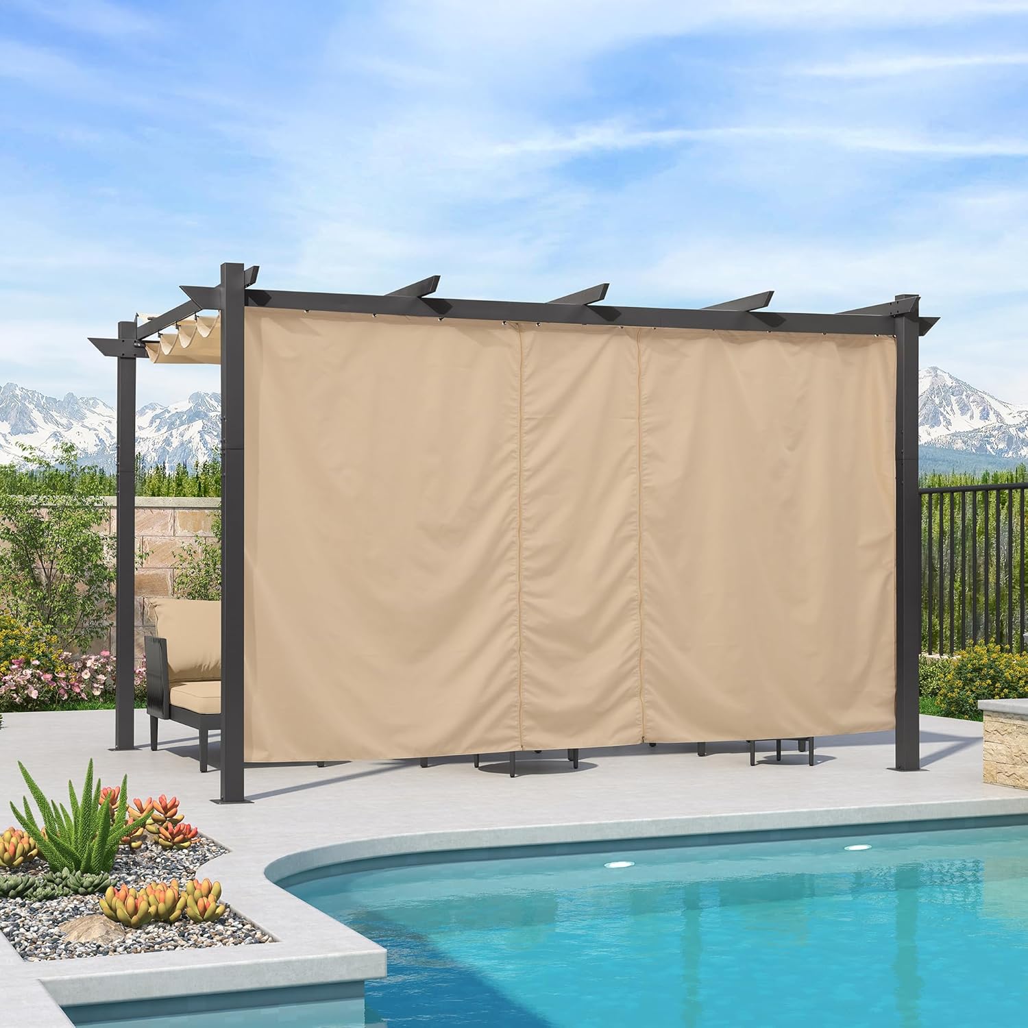 jardinite - pergola aluminium - 4x3m - rideau, toit rétractable, kaki