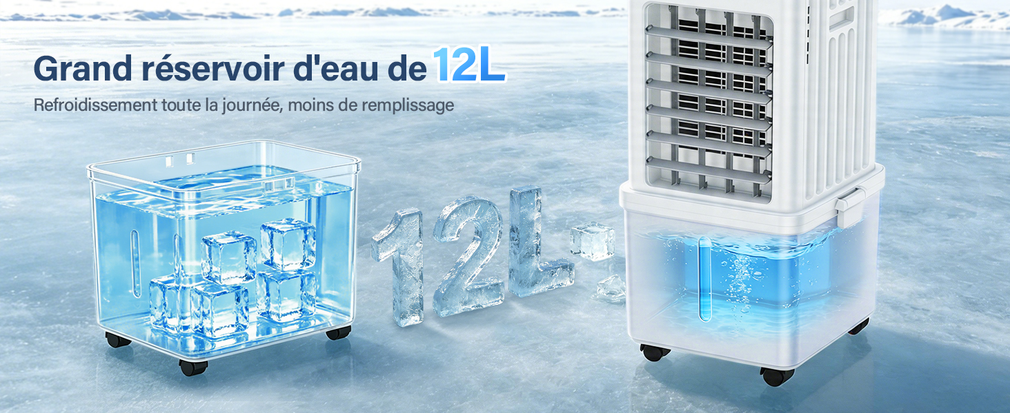 Le texte indique « Grand réservoir d'eau de 12L » et « Refroidissement facile la journée, moins de tempéra... » Refroidisseur d'air portable avec réservoir d'eau d'une capacité de 12 L illustré en trois vues : détail du réservoir d'eau, extérieur de l'unité et écran de fonctionnement.
