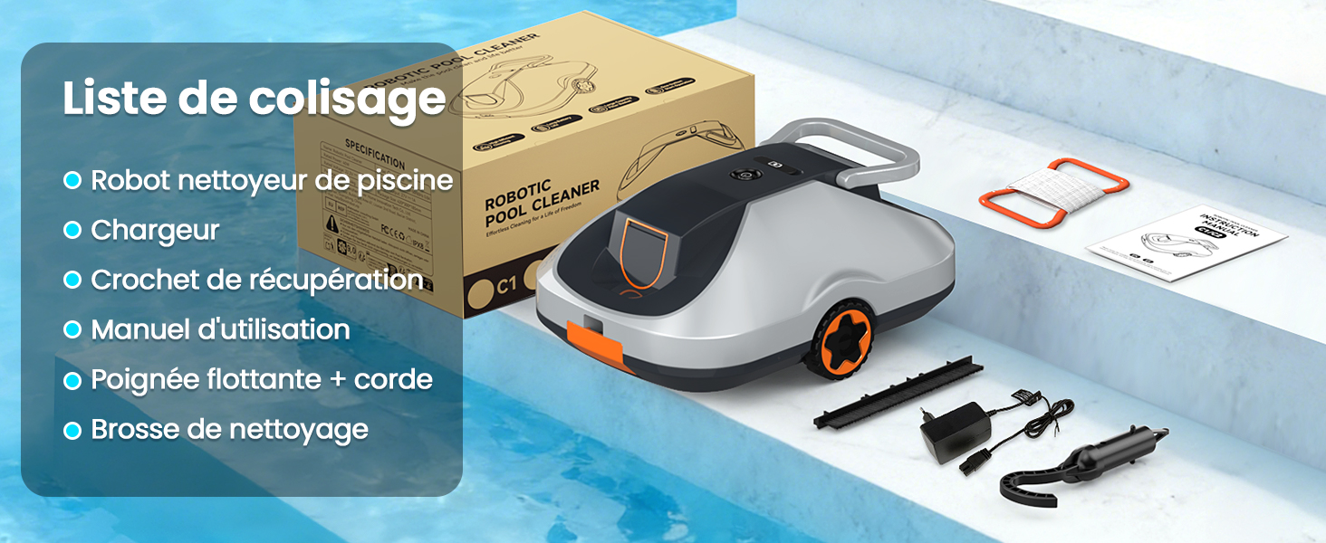 Le texte indique « Image 7 » et « Liste de colissage ». Disposition du produit montrant un robot nettoyeur de piscine avec accessoires sur fond bleu.