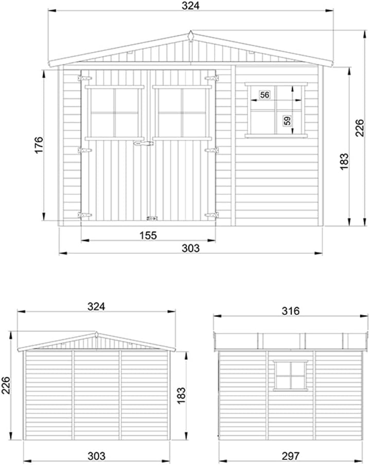 ABRI de Jardin en Bois Exterieur avec Les PLANCHERS IMPRÉGNÉ - Cabane de Jardin en Pin/épicéa- H226x316x324 cm/9 m²-Construction de Panneaux- Rangement pour vélos, Remise à Outils- jardinite M335+M335G