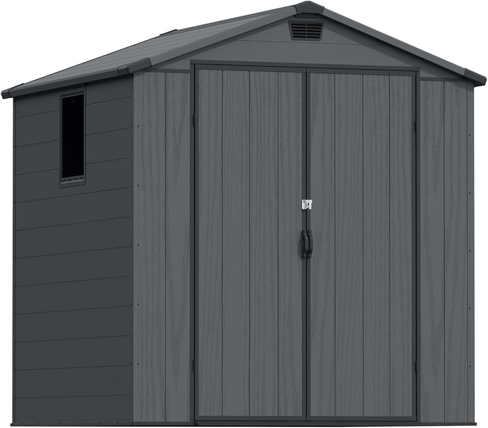 jardinite Abri de jardin extérieur en plastique avec double portes verrouillables et toit en apex – Abri de jardin pour outils de terrasse, abri pour vélo, poubelle – Résistant aux intempéries et à la