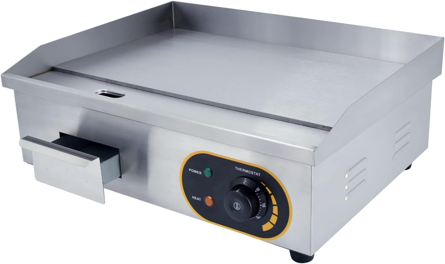 Plancha professionnelle électrique - Plaque inox lisse, 3000W, 50-300°C, bac à graisse, protection antiéclaboussures