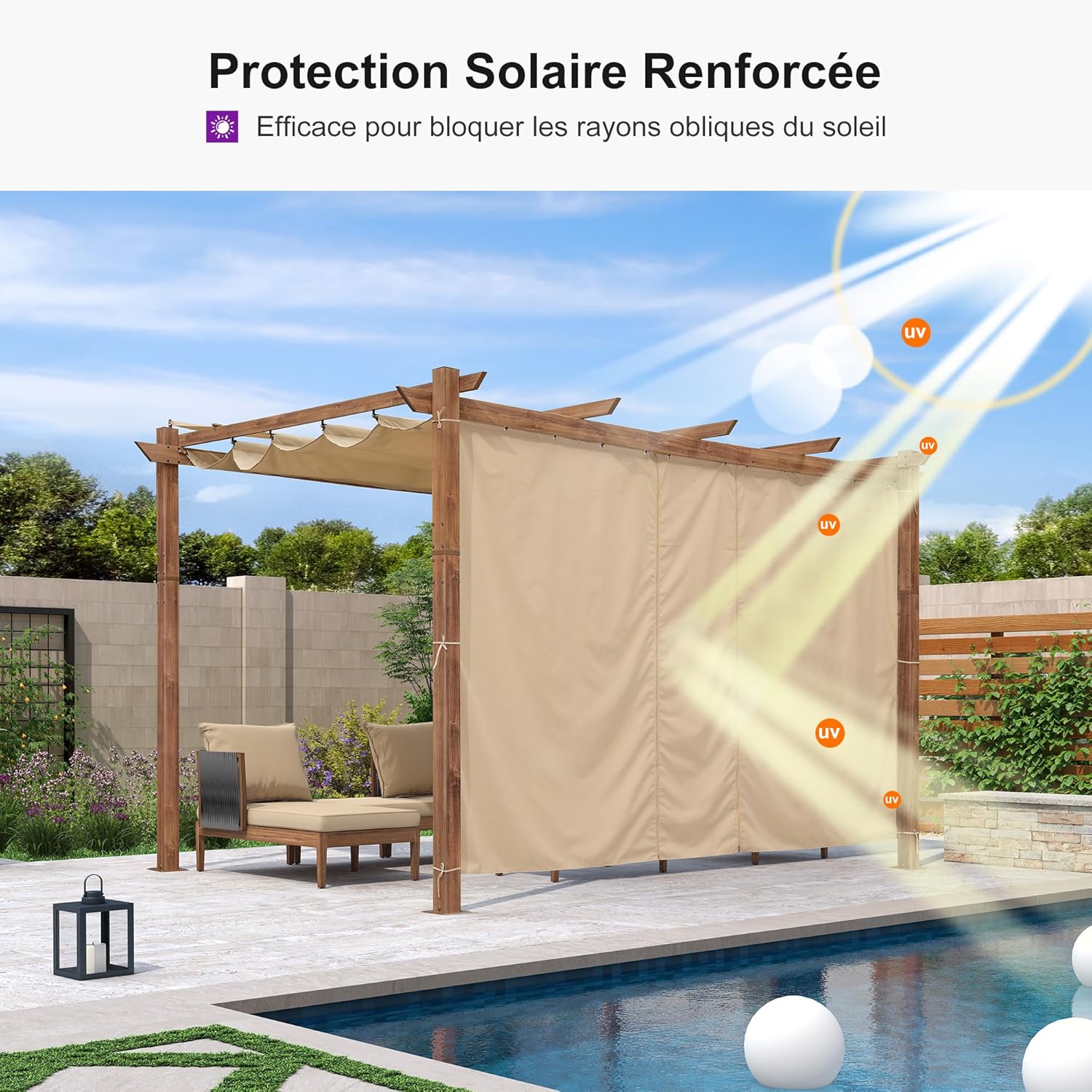 jardinite - Pergola alu finition teck 4x3m - toile rétractable, rideau, kaki