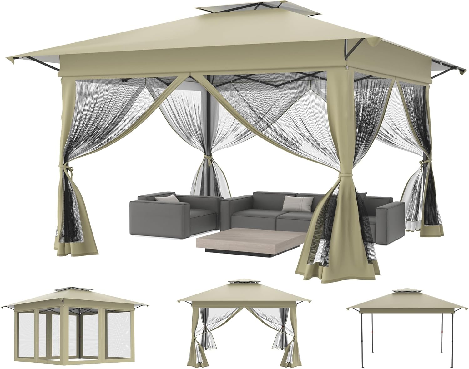 Tonnelle de jardin pop-up, 4x4m, imperméable, UV, pliable, kaki