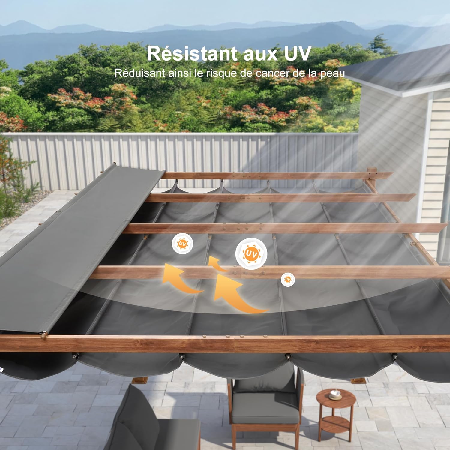 jardinite - Pergola aluminium - 4x3m - toile rétractable, teck, imperméable