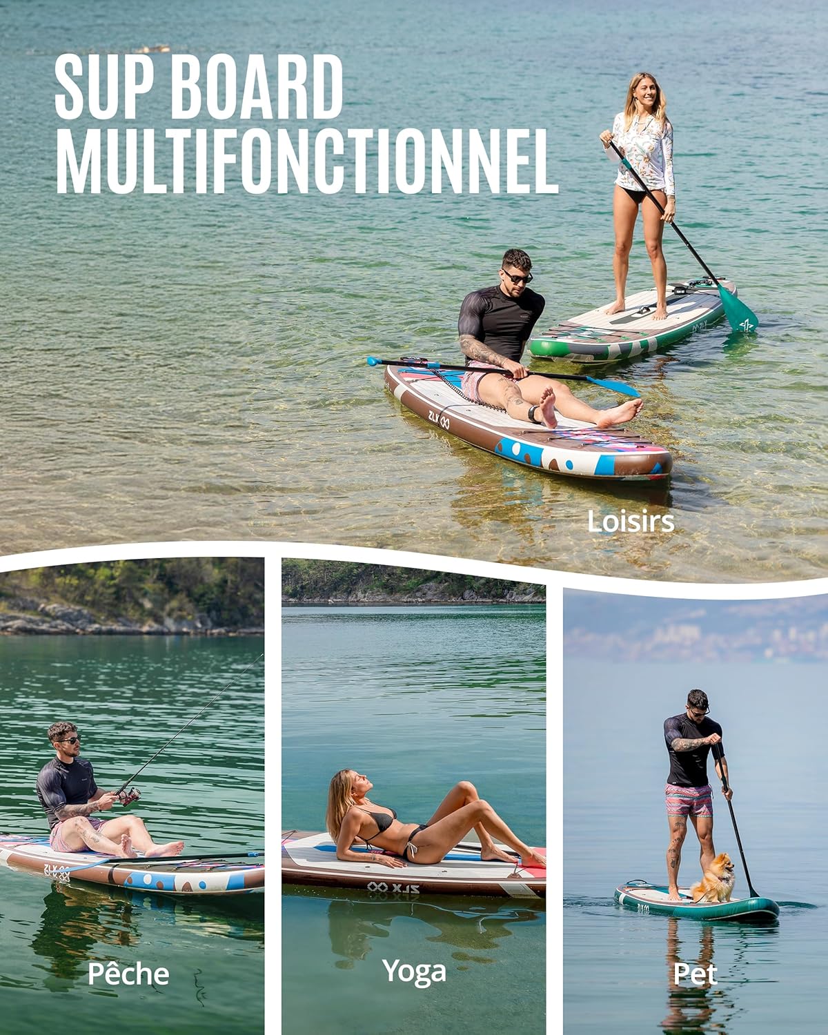 ZLX - Paddle Gonflable 2 places - 320x84cm - Sup avec siège kayak, accessoires, pour tous niveaux