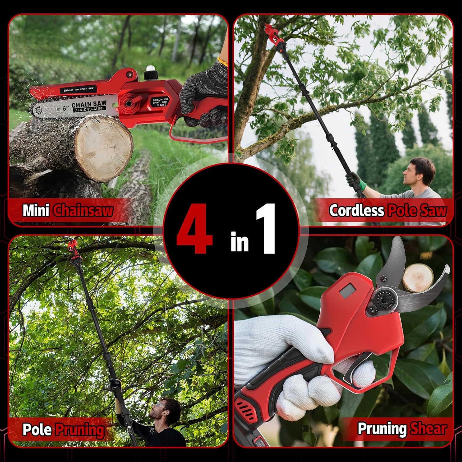 Mini Tronconneuse avec Perche 6 Pouces & Secateur Electrique Telescopique 55 mm, 4 en 1 Élagueuse sur Perche avec 2 * 2000 mAh Batteries, Portée Maximale 4,5 m