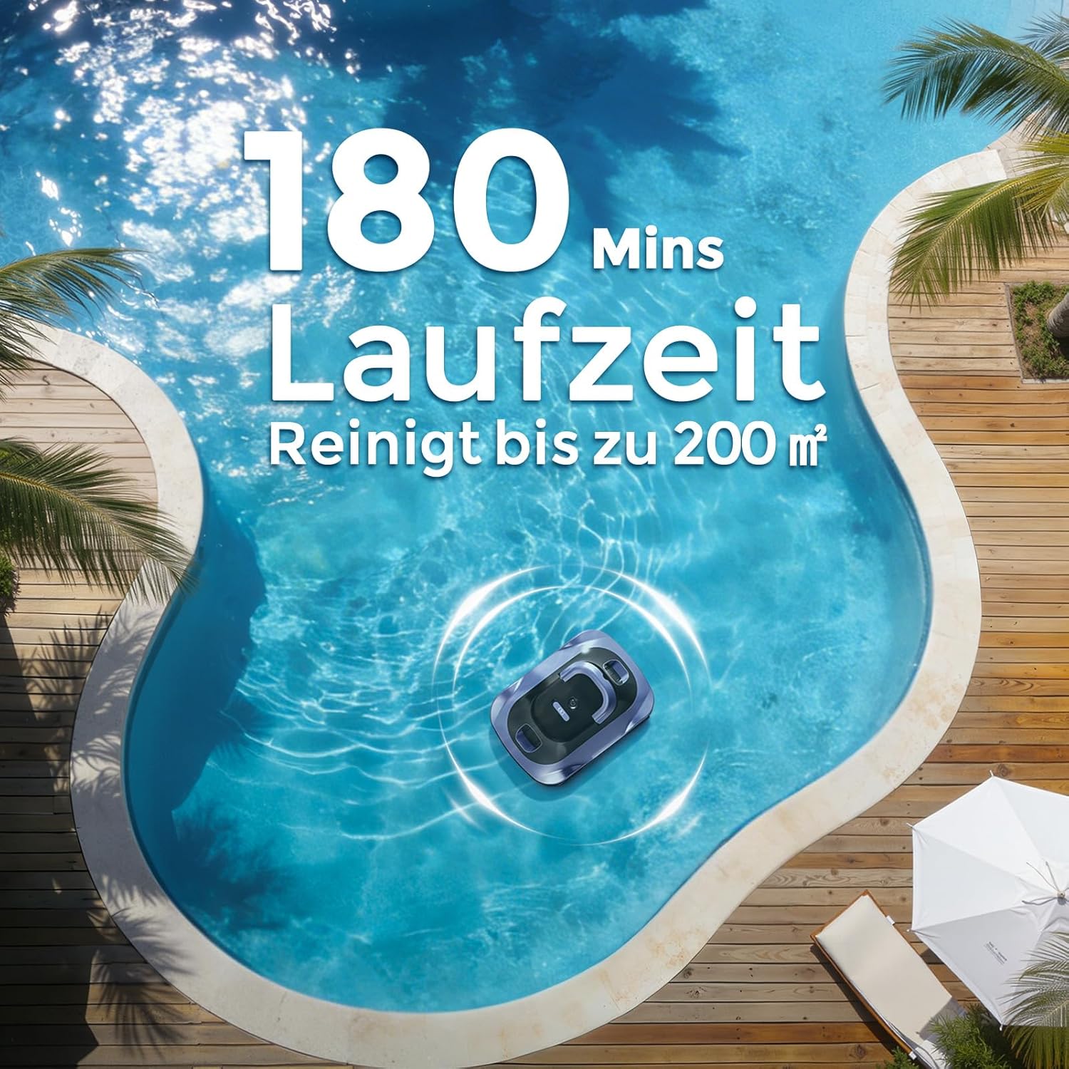 Robot Piscine sans Fil - 180min autonomie, aspiration puissante, filtration fine, pour piscine jusqu'à 200m²