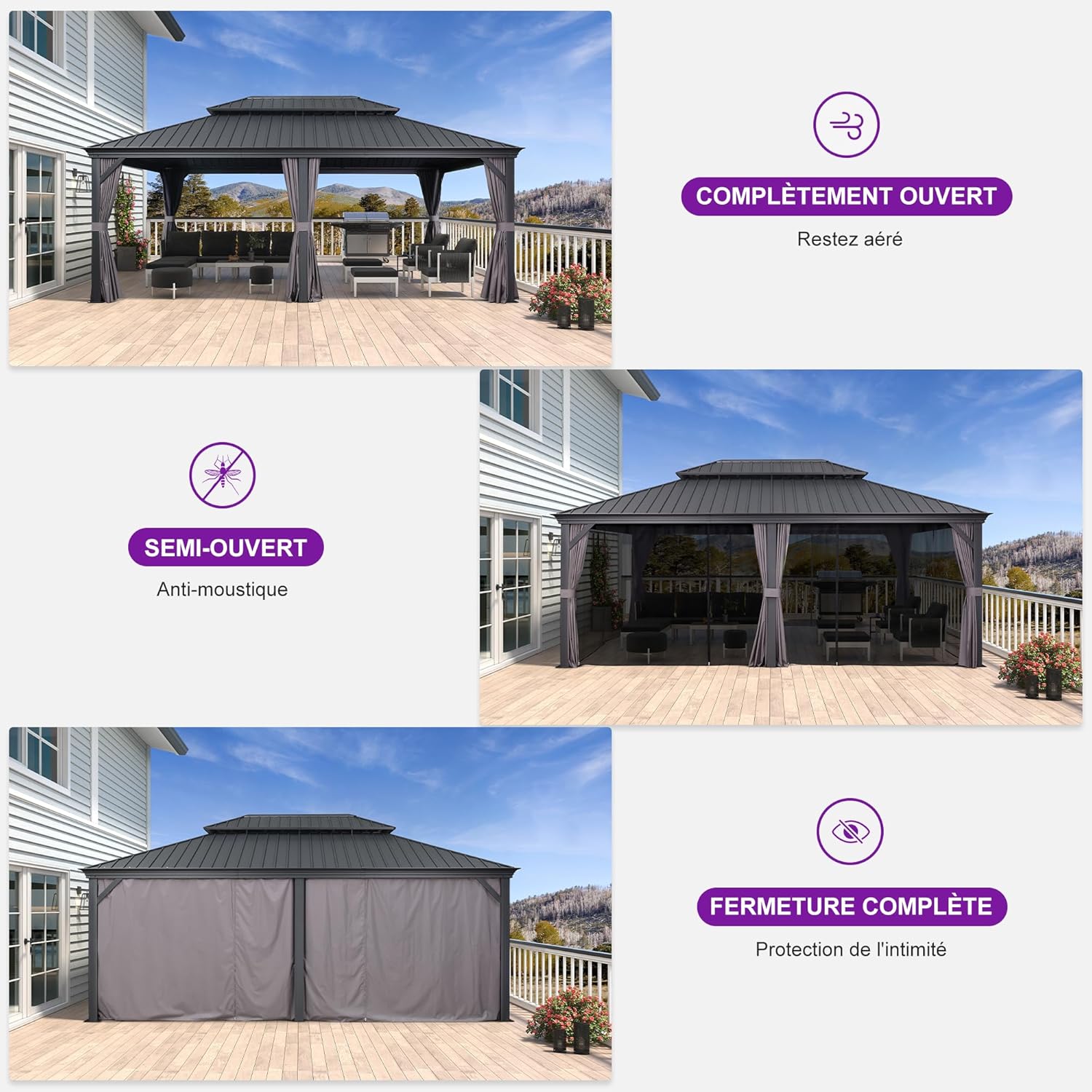 jardinite - Pergola Série 6x4,25m - alu, leds, rideaux, gouttière