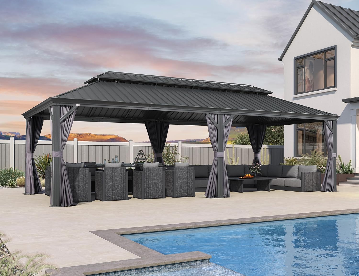 jardinite - tonnelle extérieure - 8,5x4,25m - toit acier, rideaux, moustiquaire