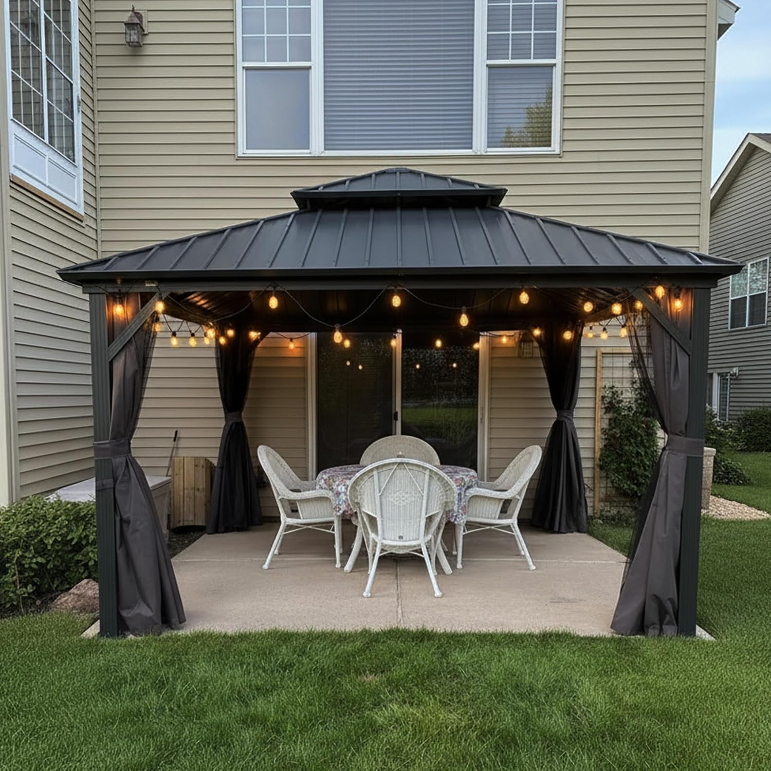 jardinite Tonnelle de Jardin Extérieur 3,65 x 3,65 m avec Guirlande Lumineuse, Pavillon Aluminium à Double Toit en Acier Galvanisé, Pergola Jardin Extérieur avec Rideaux pour Fête, Barbecue, Gris