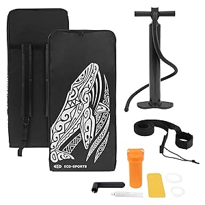 : sacs de transport noirs au design tribal, pompe manuelle, laisse, kit de réparation et bouteille d'eau orange. Comprend deux tailles de sacs et l'équipement de pagayage essentiel