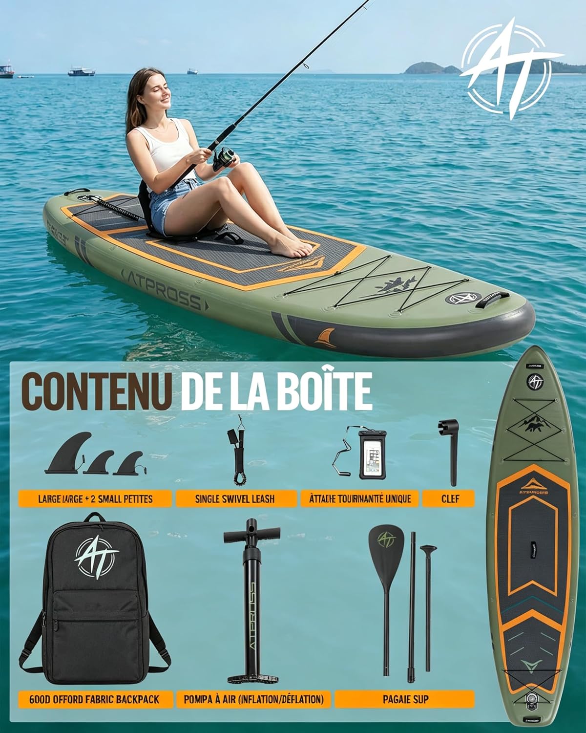 Stand Up Paddle Gonflable Adulte avec Siège Kayak & Accessoires, 320x84cm Planche de Sup Extra Large pour 2 Personnes, Charge 200kg, Kayak Gonflable 2 Places Stable et Antidérapant pour Surf