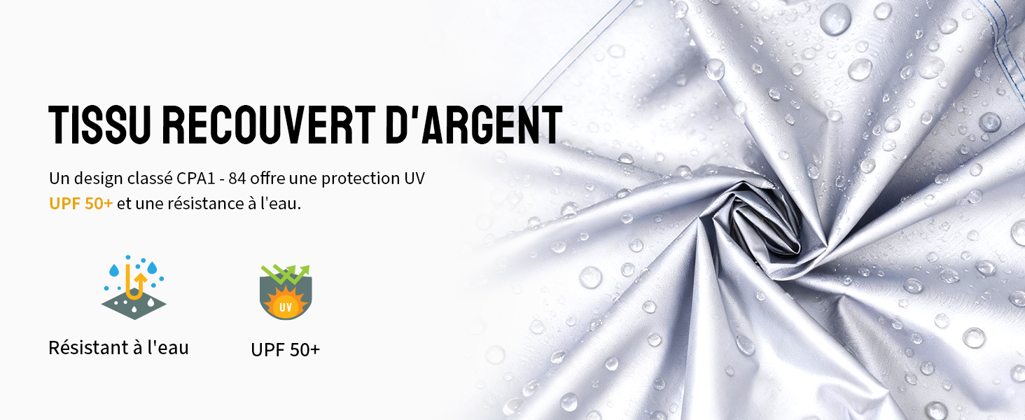 Le texte indique « TISSU RECOVERY D'ARGENT ». Gros plan d'un tissu argenté scintillant avec une texture froissée et un éclat métallique.