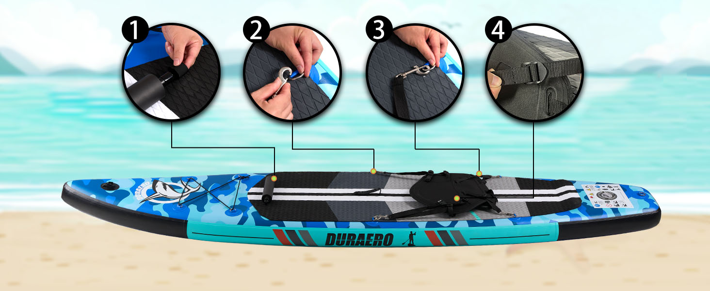 Schéma d'instructions numéroté en quatre étapes montrant le processus d'assemblage ou de configuration d'un paddleboard ou d'un kayak gonflable bleu sur fond de plage.
