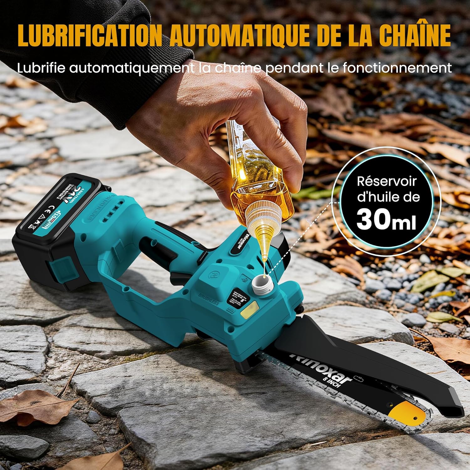 Élagueuse sur perche - 8 pouces - batterie 2x4000mAh, télescopique, lubrification auto