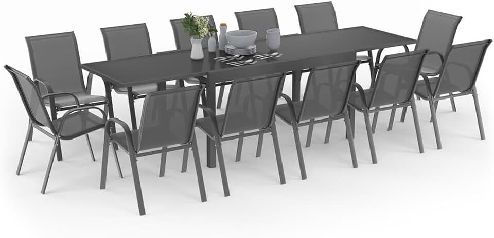 jardinite - Madrid série - table 135-270 cm et 12 chaises empilables - gris anthracite